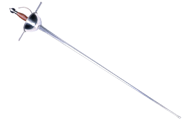 A silver sword with a circular guard and a wooden grip.