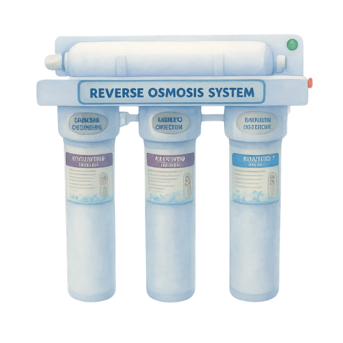 Sistema de filtración de agua por ósmosis inversa con tres cartuchos de filtro.