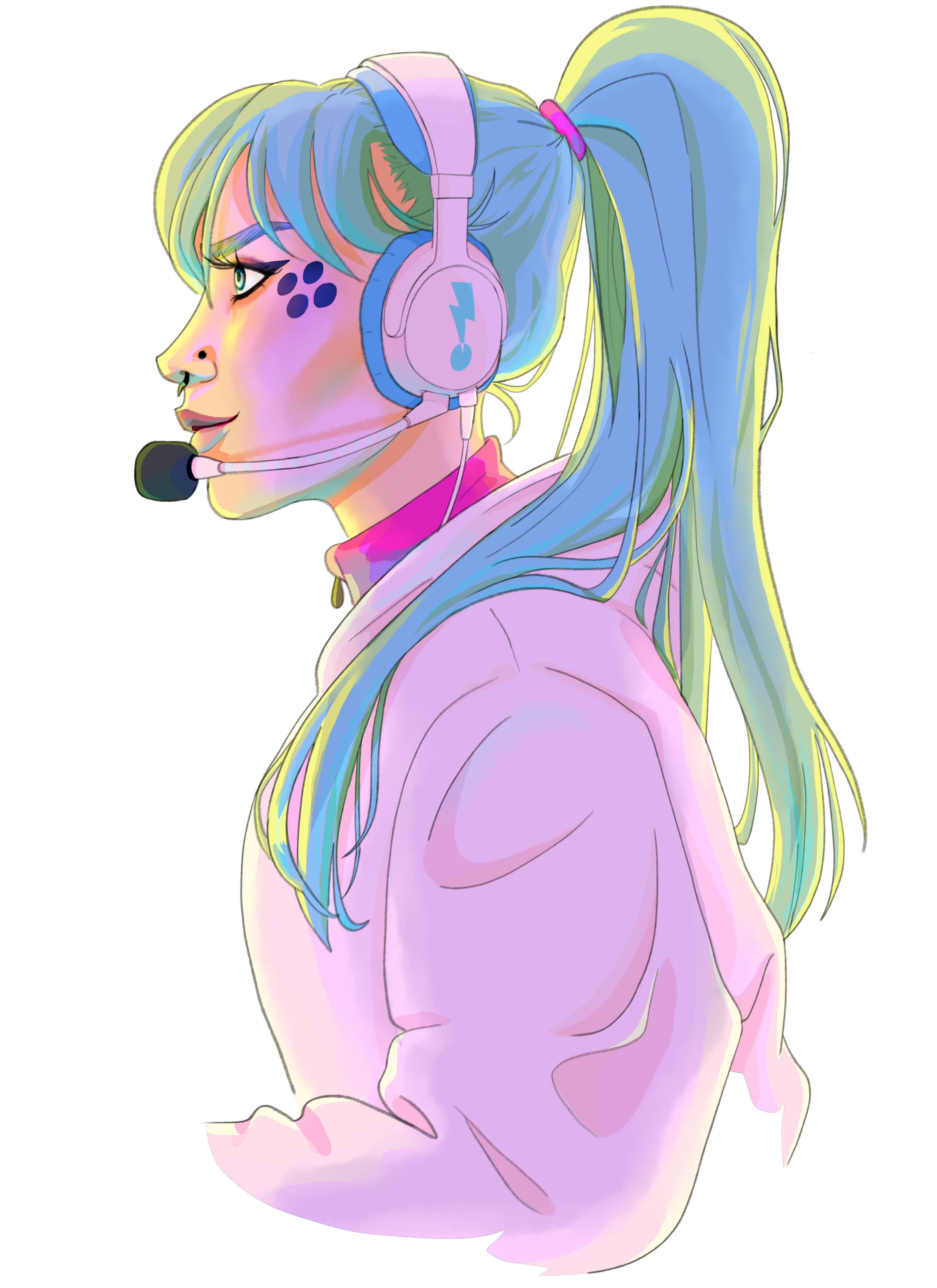 Digital illustration of a girl with headphones and a ponytail, side profile.