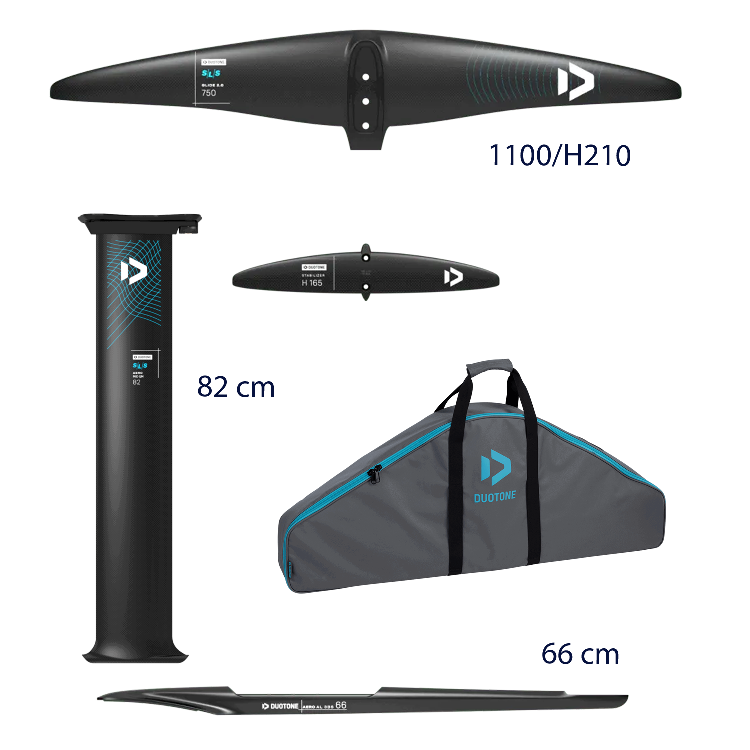 Foil kit components including wings, mast, and carrying bag.