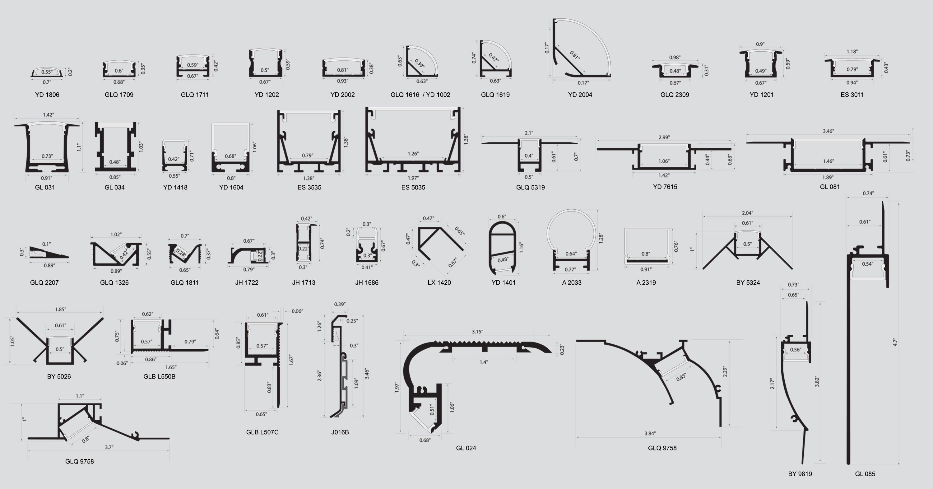 Cross-sectional dimensions of various aluminum profiles for LED strip lights, including surface mount, recessed mount, corner, and architectural lighting channels.