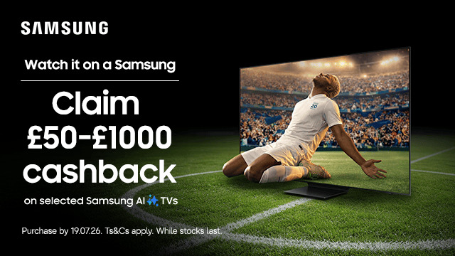 Samsung advertisement promoting cashback on selected TVs during a sports event.