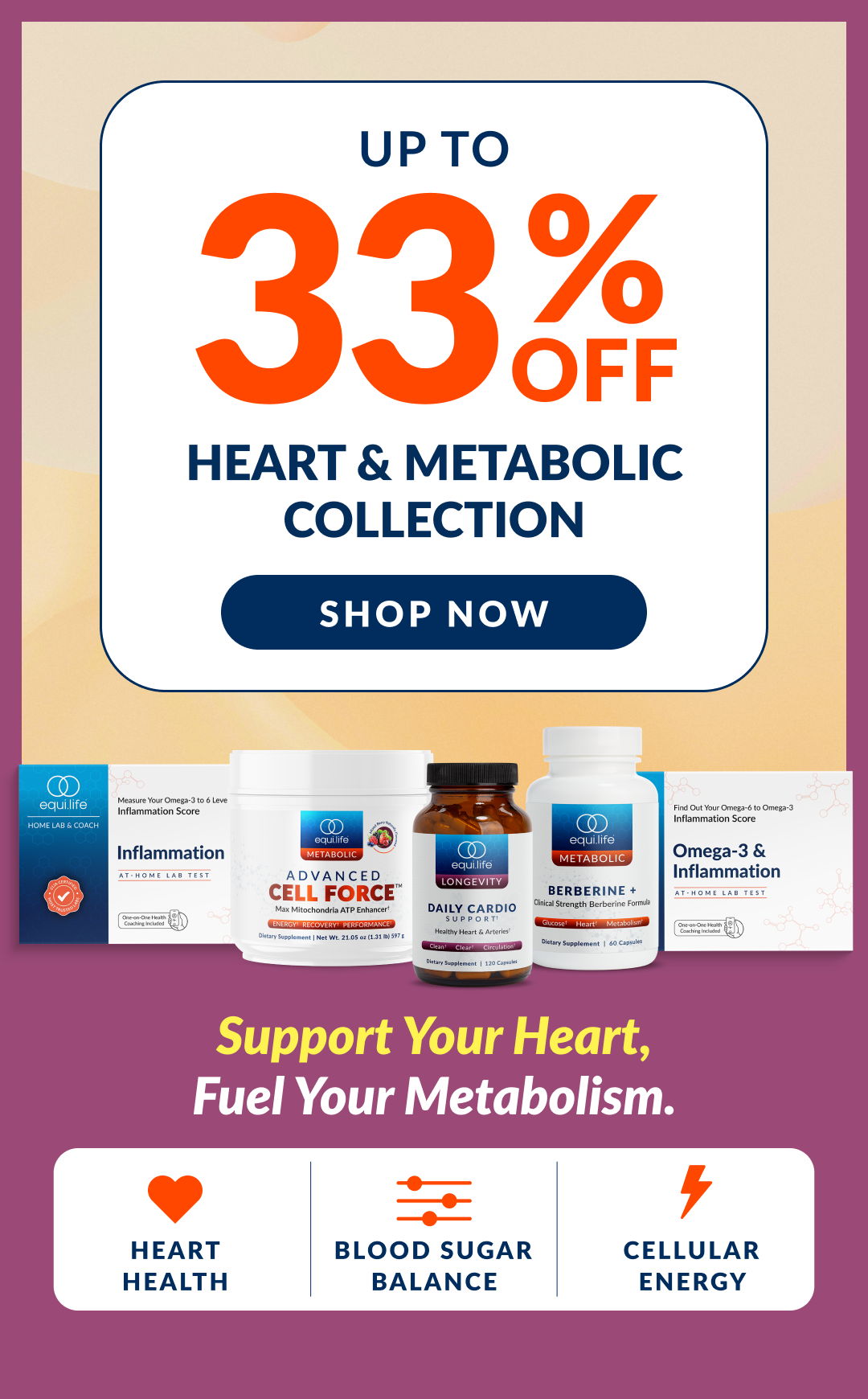 Promotional banner for heart and metabolic supplements with discount offer.