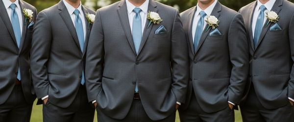 Groom and groomsmen matching in charcoal suits and dusty blue ties