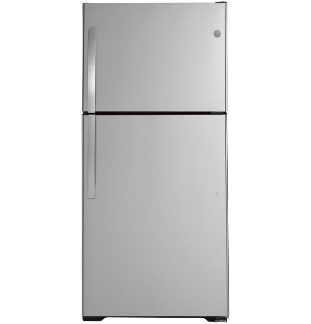 A silver top-freezer refrigerator with a sleek design.