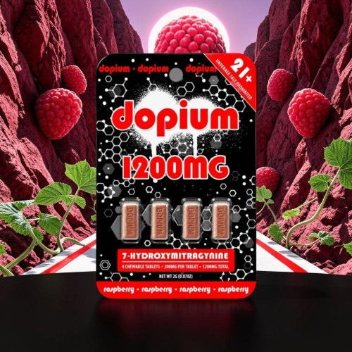 Dopium 1200mg packaging with raspberry background and four capsules visible.