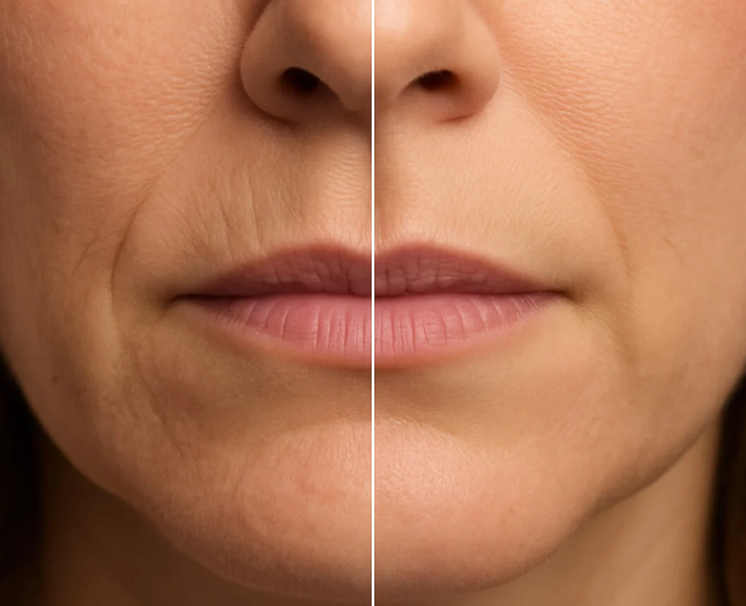 Comparison of two halves of a woman's face showing different skin textures.