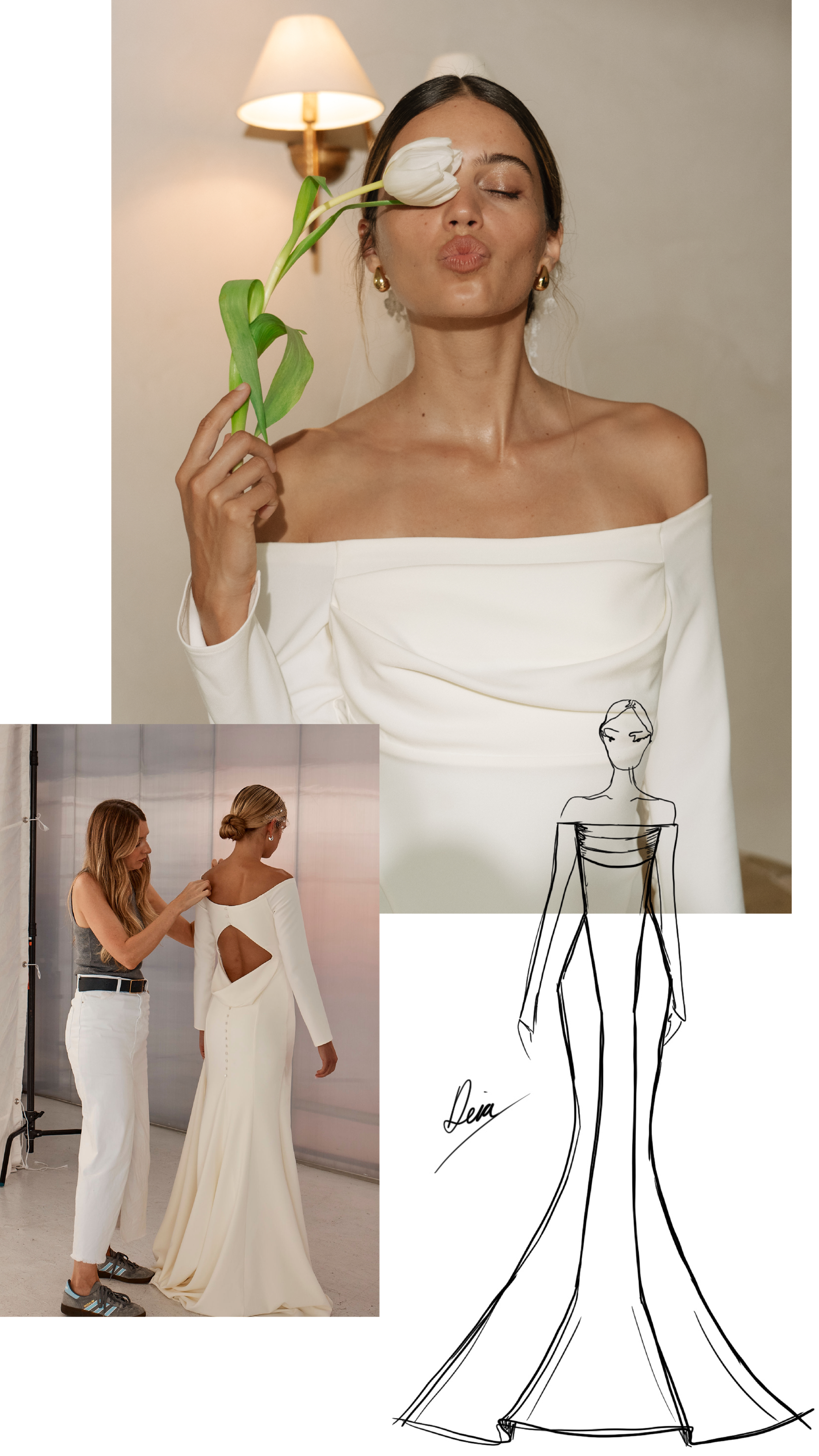 collage of the Deia gown including a sketch