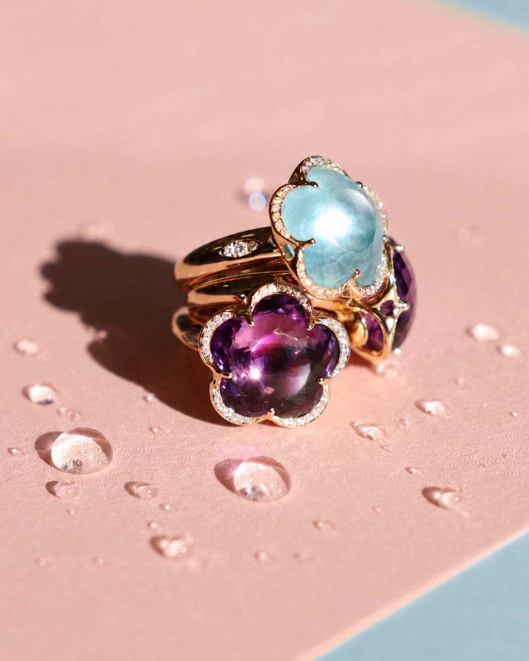 Three flower-shaped rings in gold with colored gemstones on a pastel background.