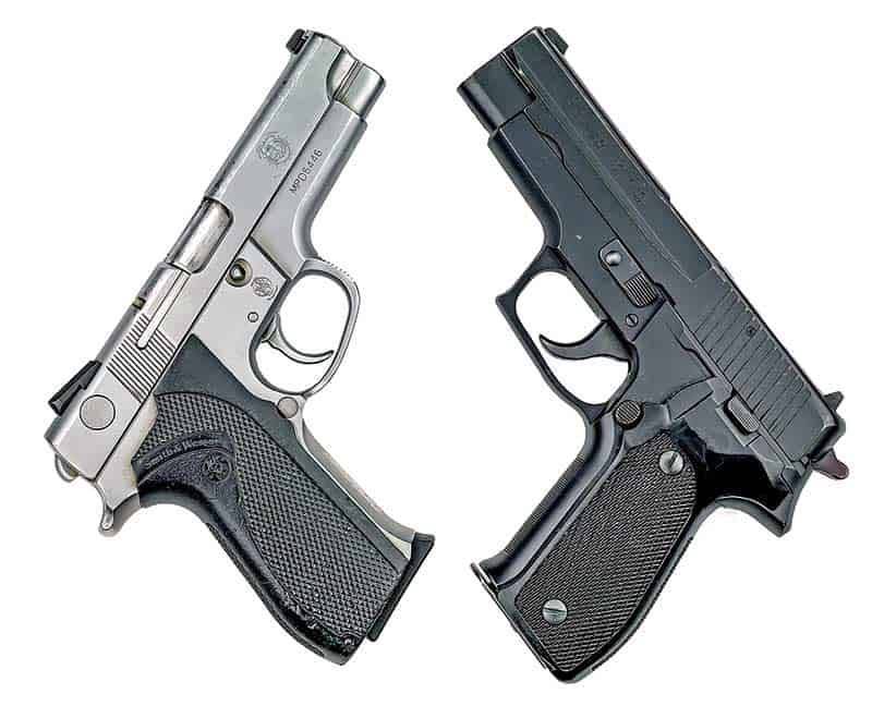 Two classic DAO 9mms: S&W 5946 (left) and SIG P226 DAO (right).