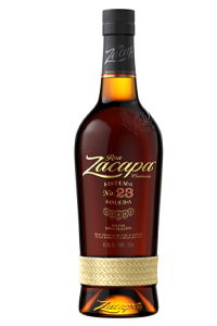 Bottle of Zacapa Rum 23 with a decorative label and woven design.