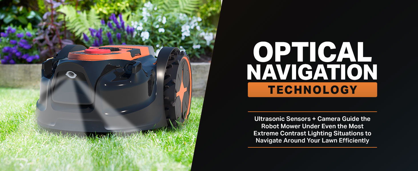 Robotic lawn mower with optical navigation technology on green grass.