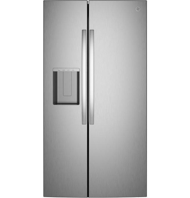Stainless steel side-by-side refrigerator with water dispenser.