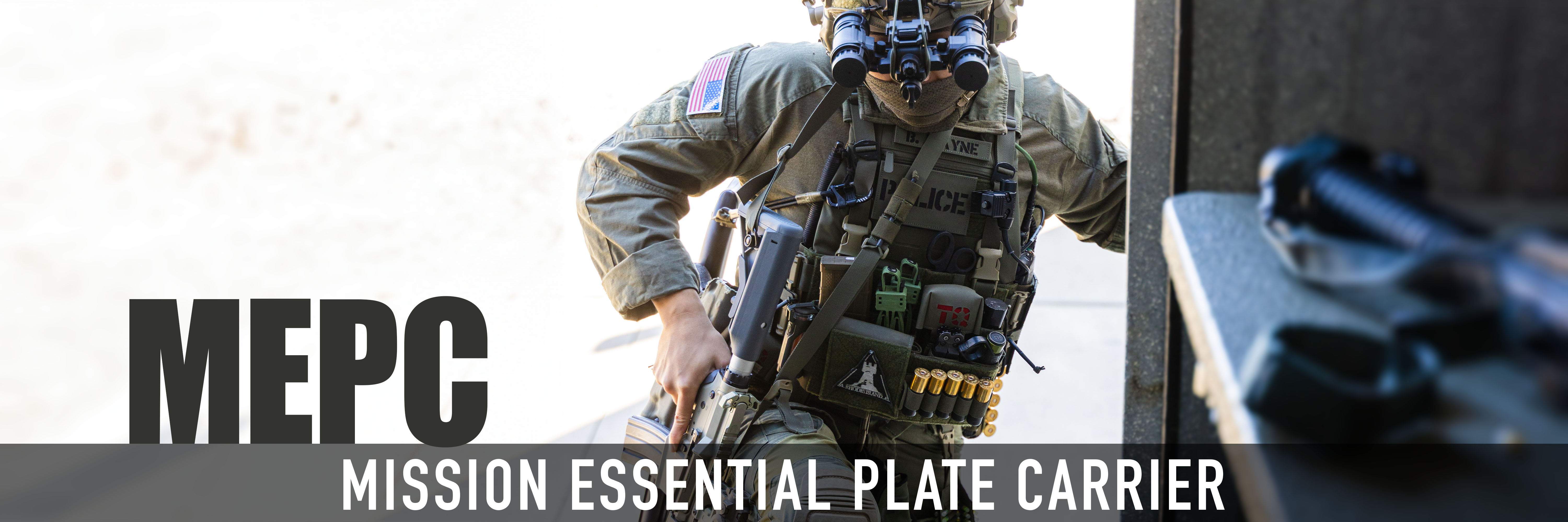 Soldier wearing a plate carrier, with text 