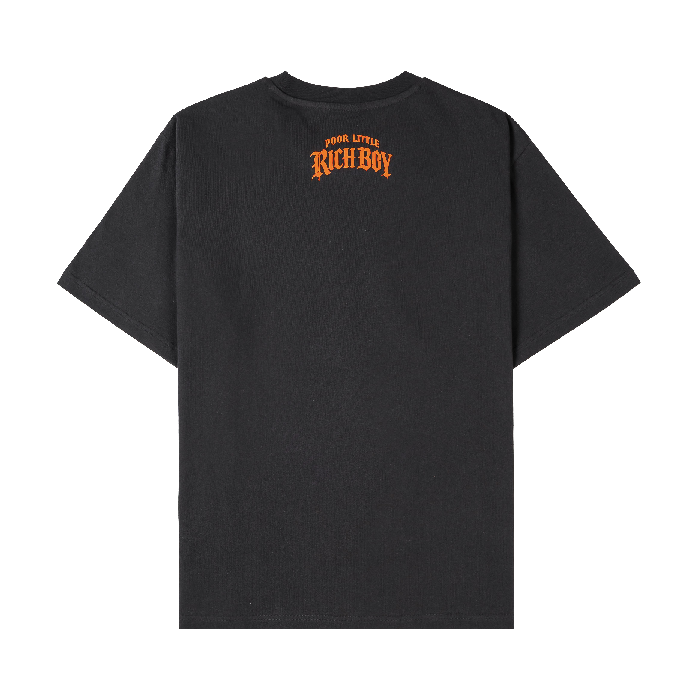 Black t-shirt featuring cartoon character with money and text 
