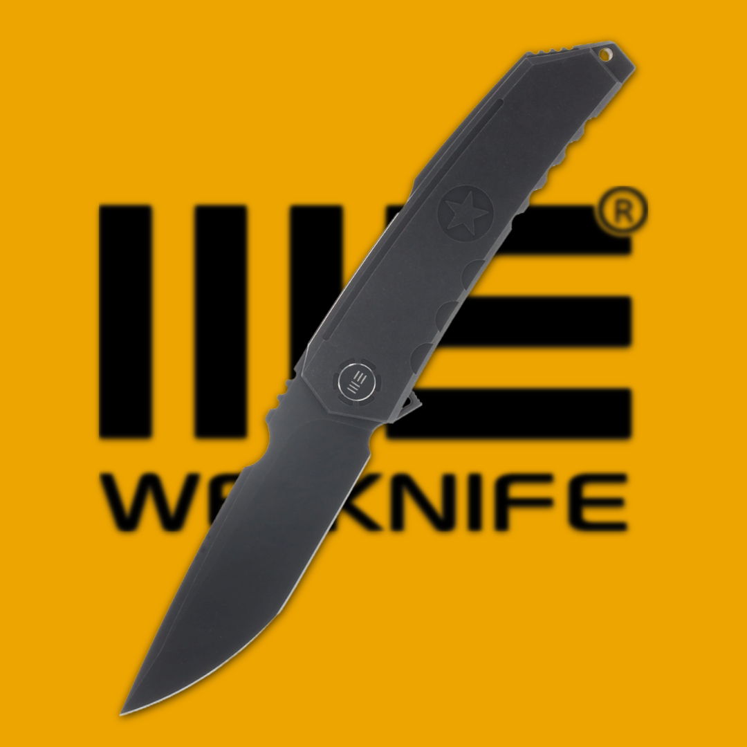 Black folding knife on an orange background with Workknife logo.