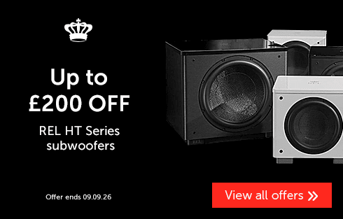 Promotional banner for REL HT Series subwoofers with discount information.