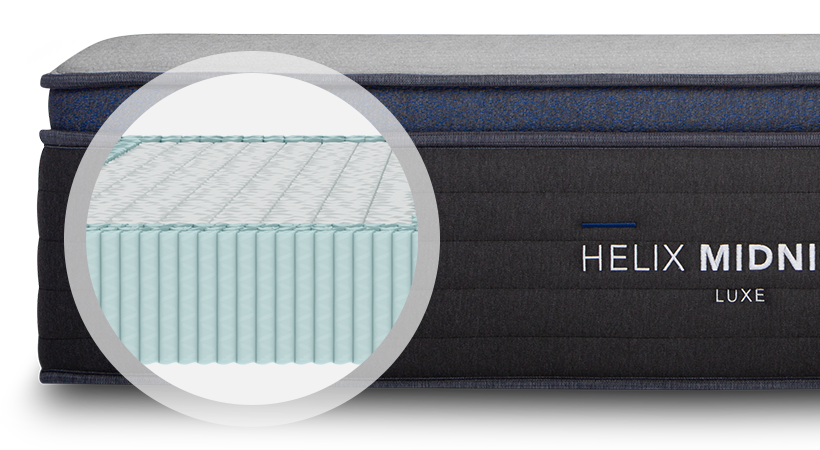 Helix Midnight Luxe mattress showing the coils inside which provide zoned lumbar support 