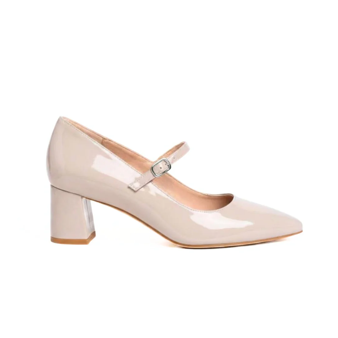 ALLY Shoes Mary Jane Lower Block Heel in Tender Taupe Patent Leather.