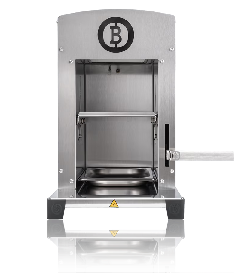 Metallic machine with a logo, designed for a specific industrial purpose.