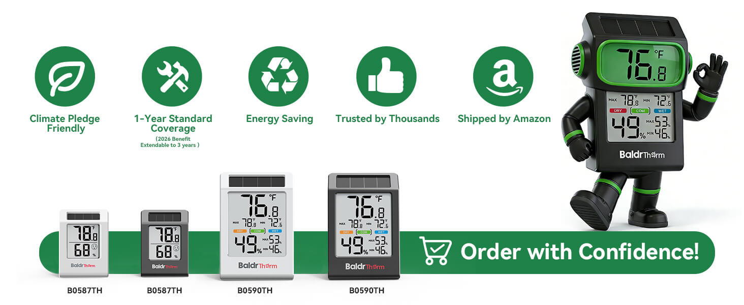 Digital thermometer products with a character mascot and promotional text.