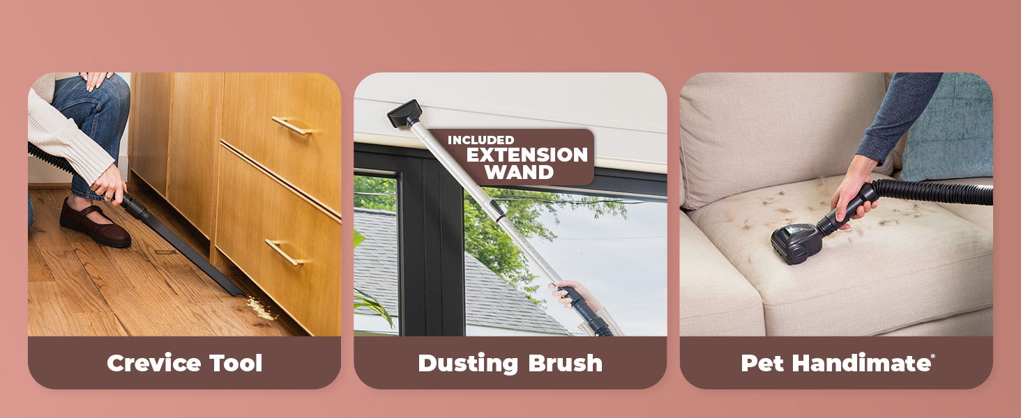 Three cleaning tools: crevice tool, dusting brush, pet handler.