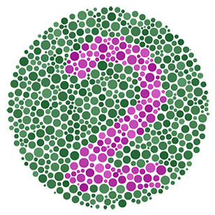Example Ishihara test plate, with a magenta number 'two' over a green background
