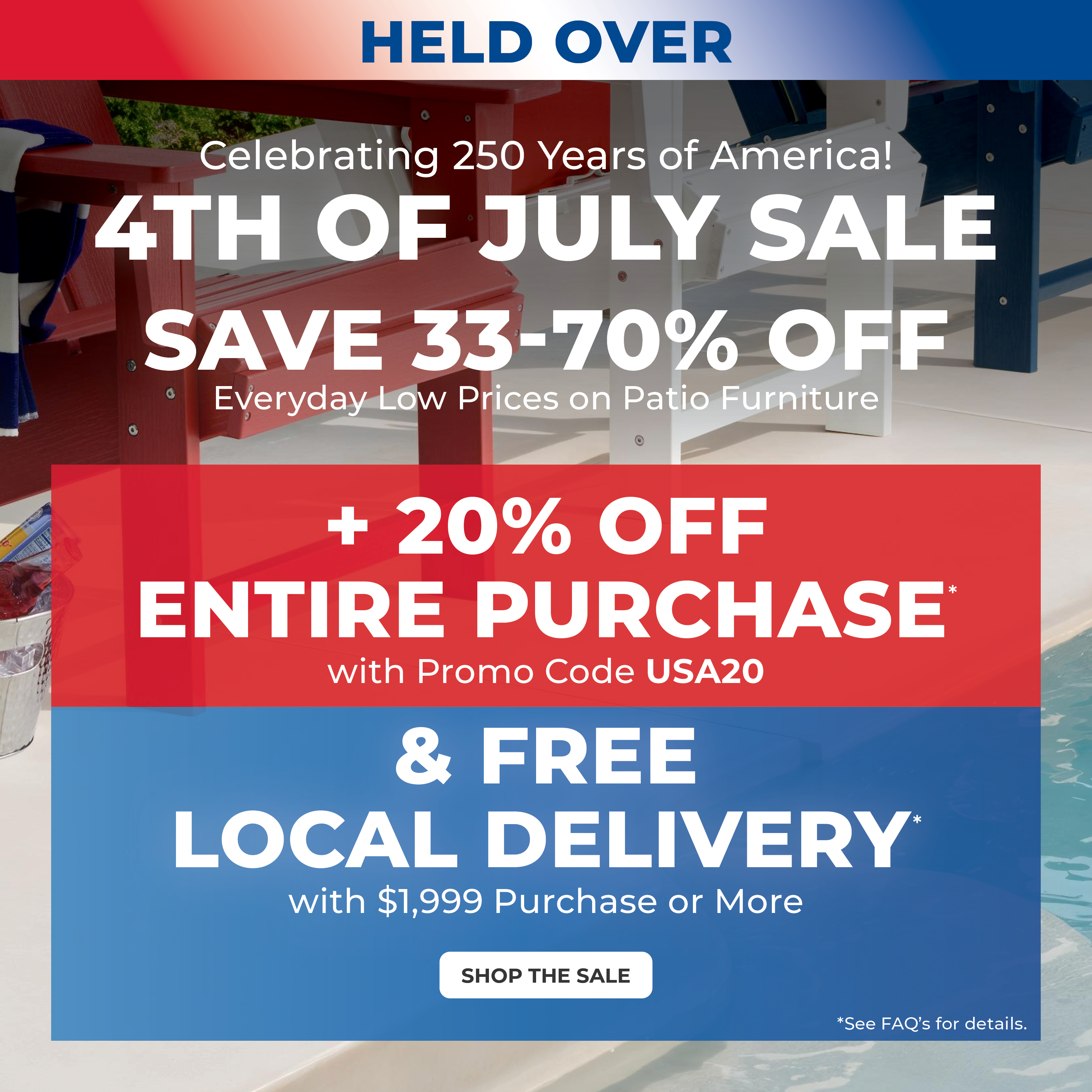 Fourth of July sale with discounts and free local delivery details.