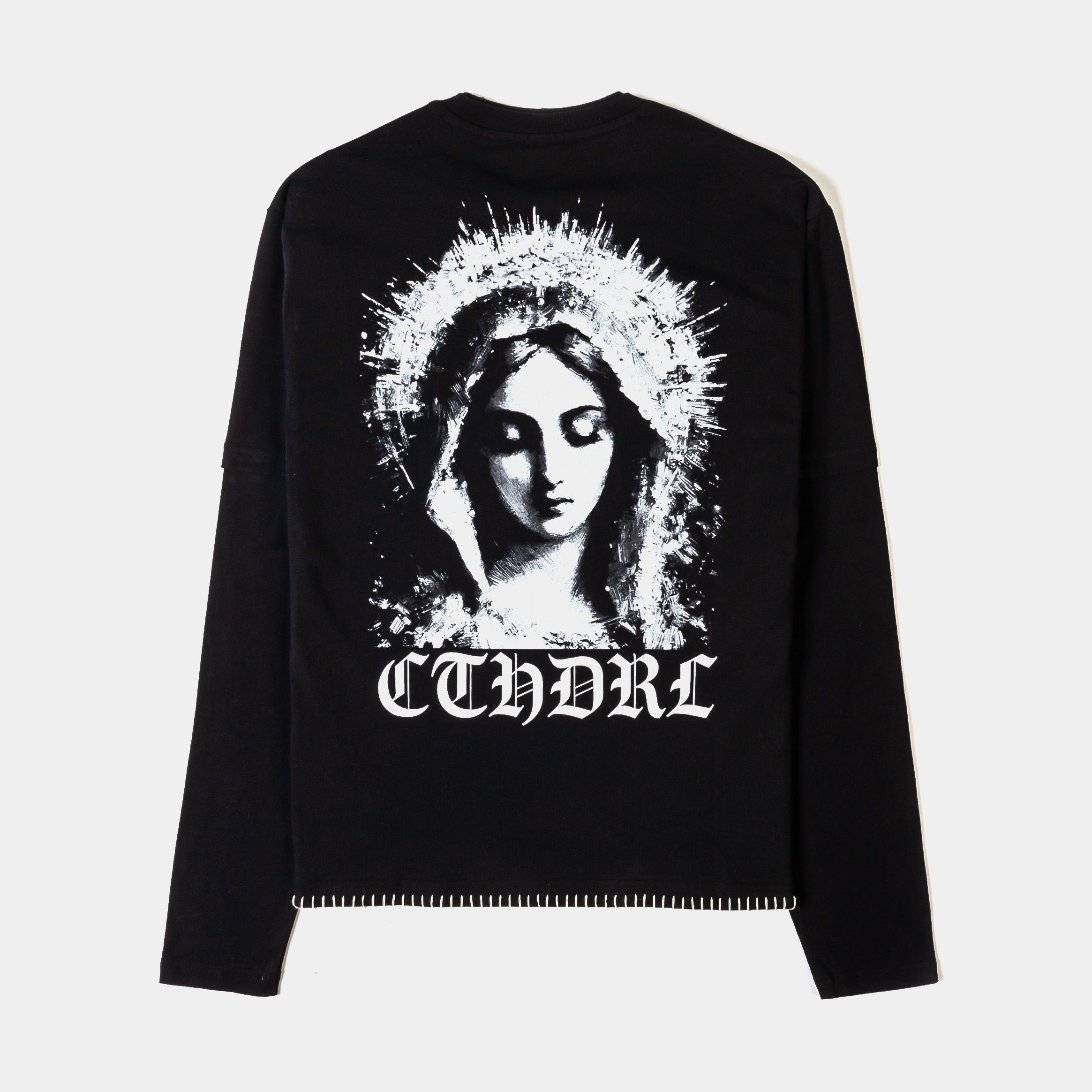 Black long-sleeve shirt with graphic design on the front.