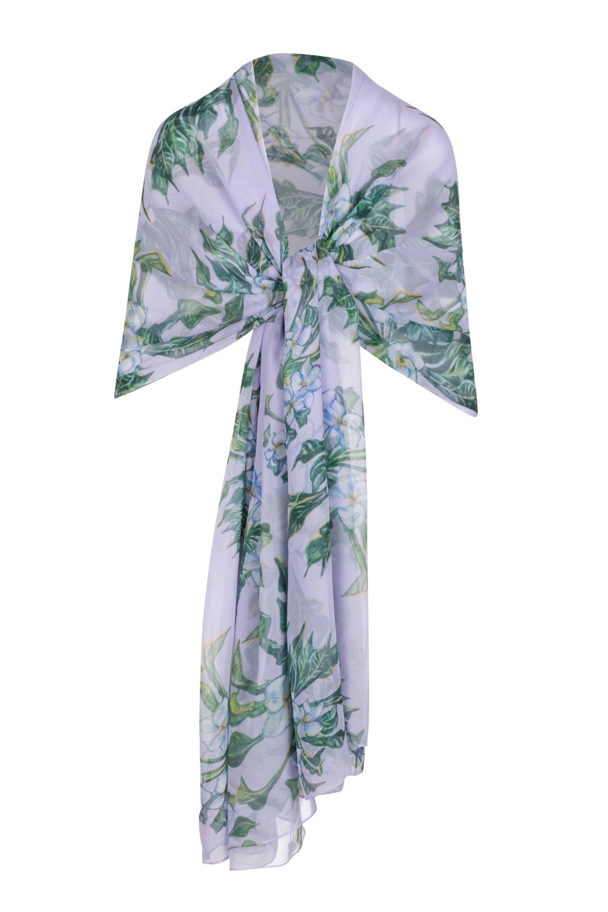 Floral-patterned scarf draped elegantly, showcasing green leaves on a light background.