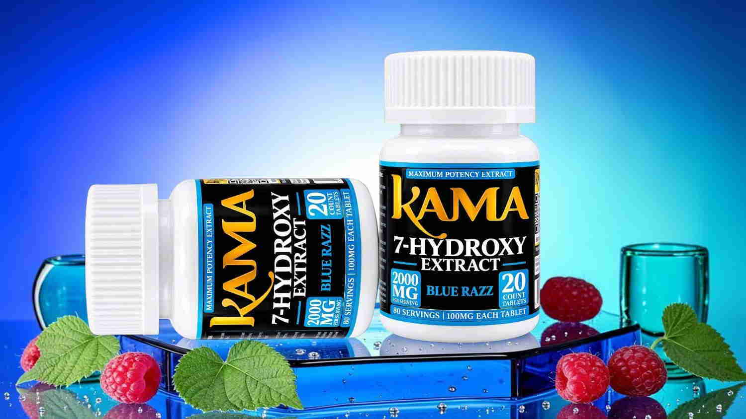 Two bottles of Kama Hydroxy supplements with berries and leaves.