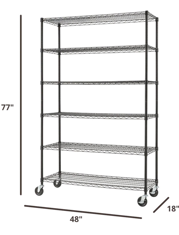 77 inches tall by 48 inches wide wire shelving rack with 6 shelves and wheels
