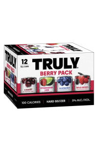 Truly Berry Pack hard seltzer box with various flavors and nutritional information.