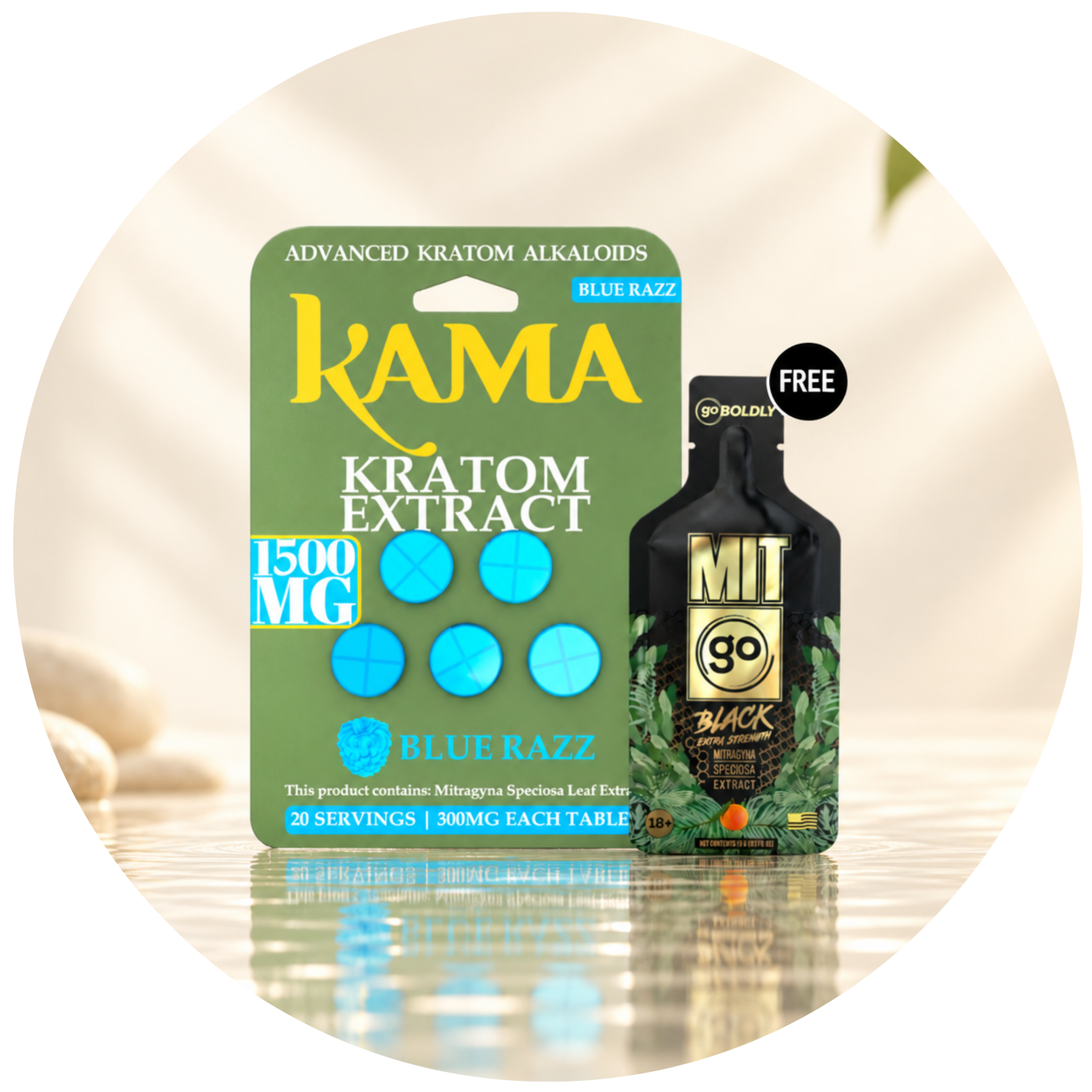 Kama kratom extract packaging with blue razz flavor and a complimentary bottle.