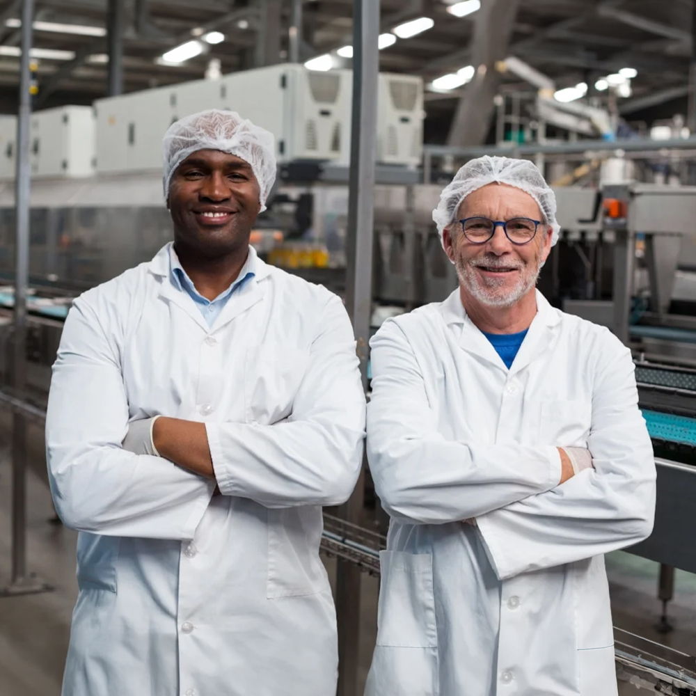 Two men in lab coats smiling in a factory setting.