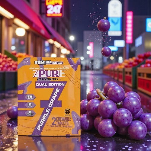Box of grape-flavored product with grapes in a vibrant market setting.