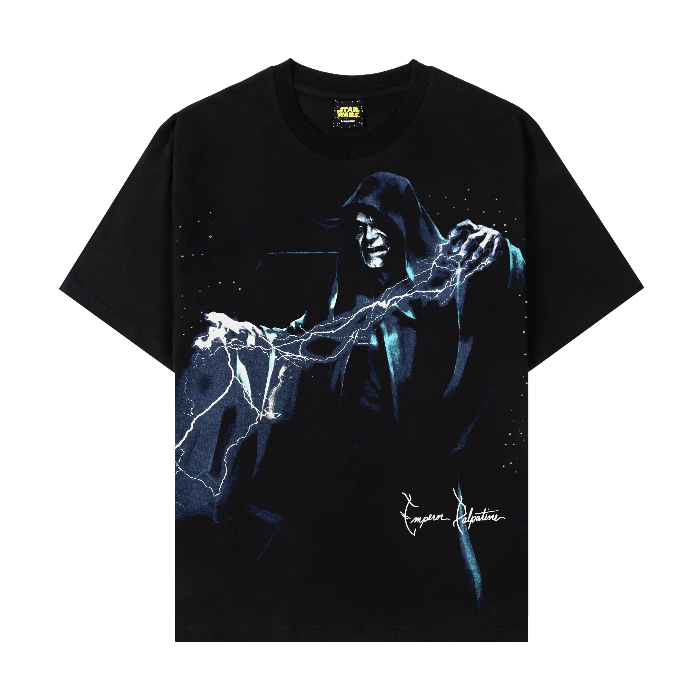 Black t-shirt featuring a graphic of a hooded figure with chains.