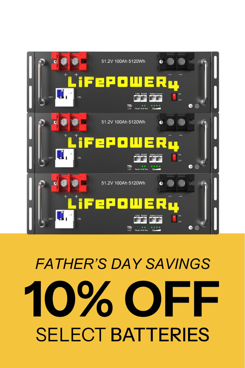 Three battery units with a Father's Day savings promotion for 10% off select batteries