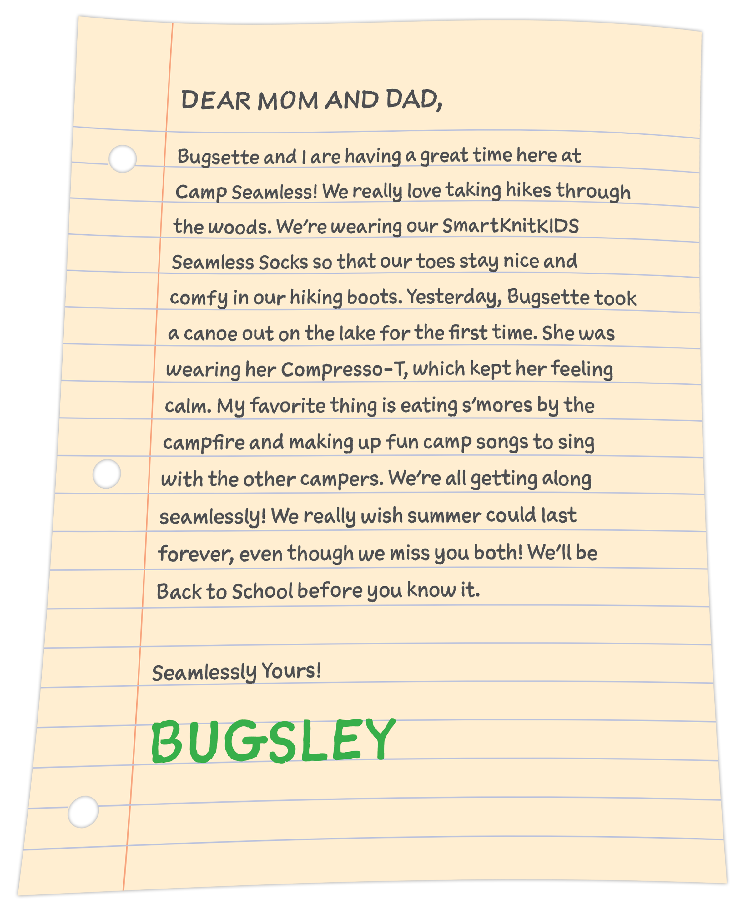 Letter from Bugsley to his parents describing how seamless products have helped him at Camp Seamless.