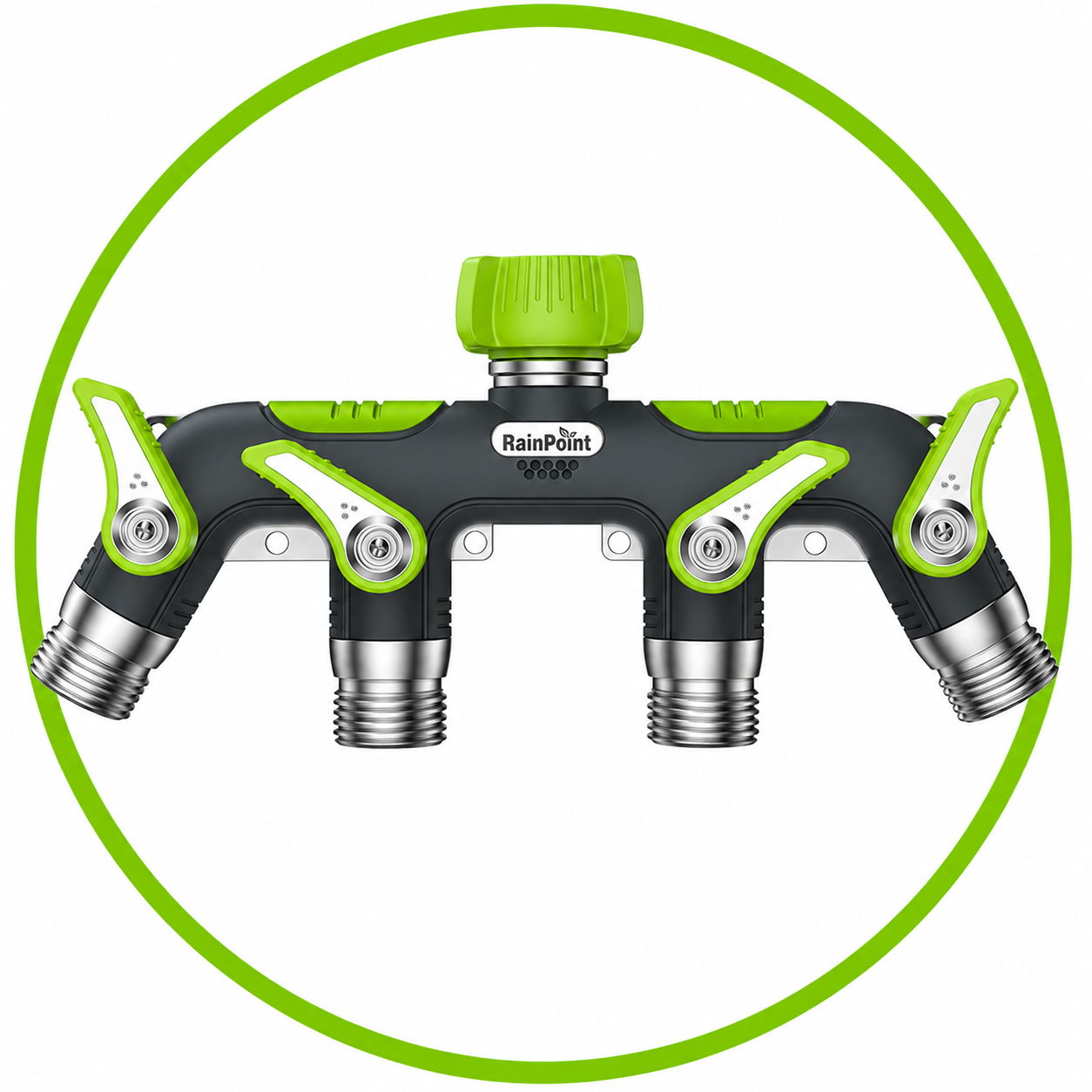 Garden hose splitter with multiple outlets and green accents.