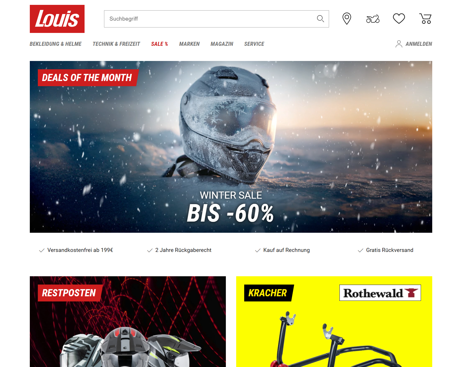 Promotional banner for winter sale at Louis, featuring a helmet and discount text.
