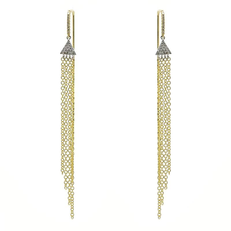 pave triangle and threader chain earrings in yellow gold