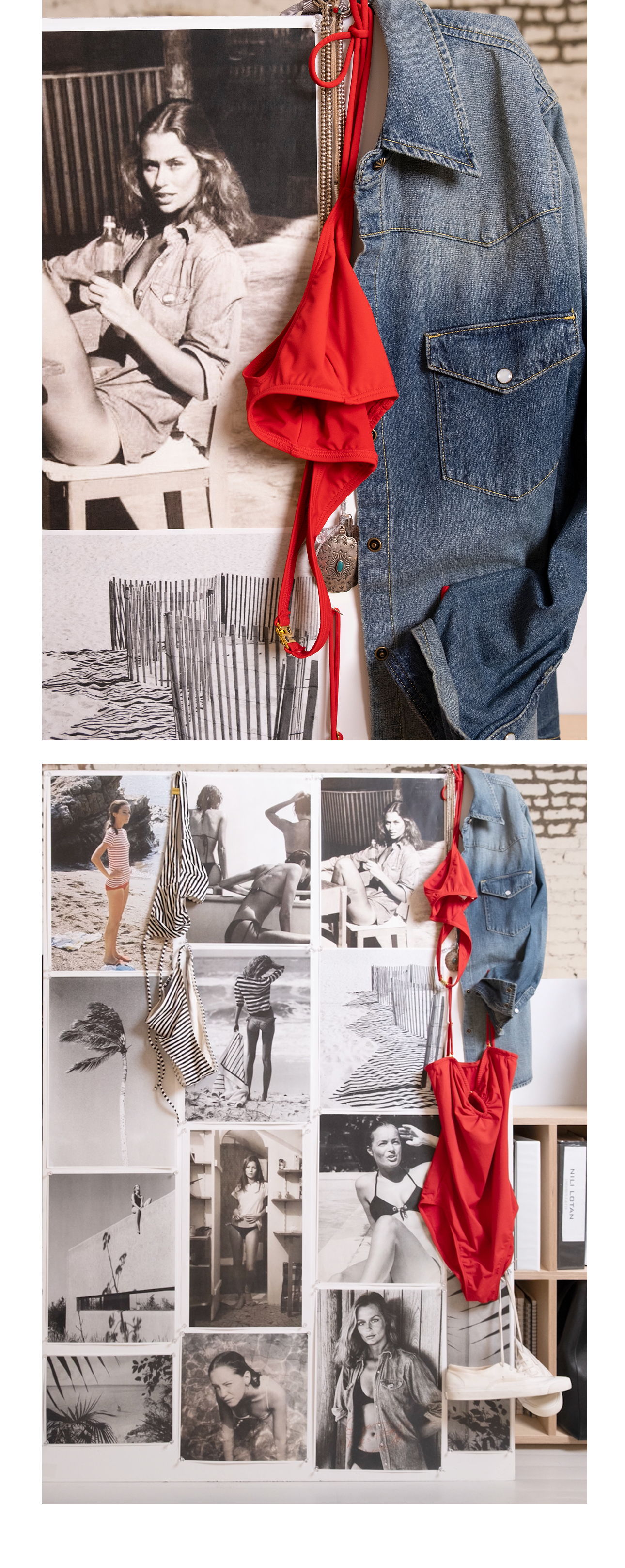 Red bikini and denim jacket displayed against a wall of black-and-white photos.