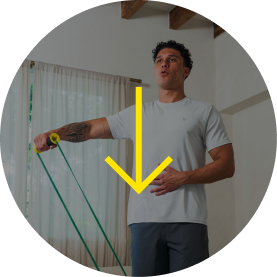 Man exercising with resistance bands in a bright room.