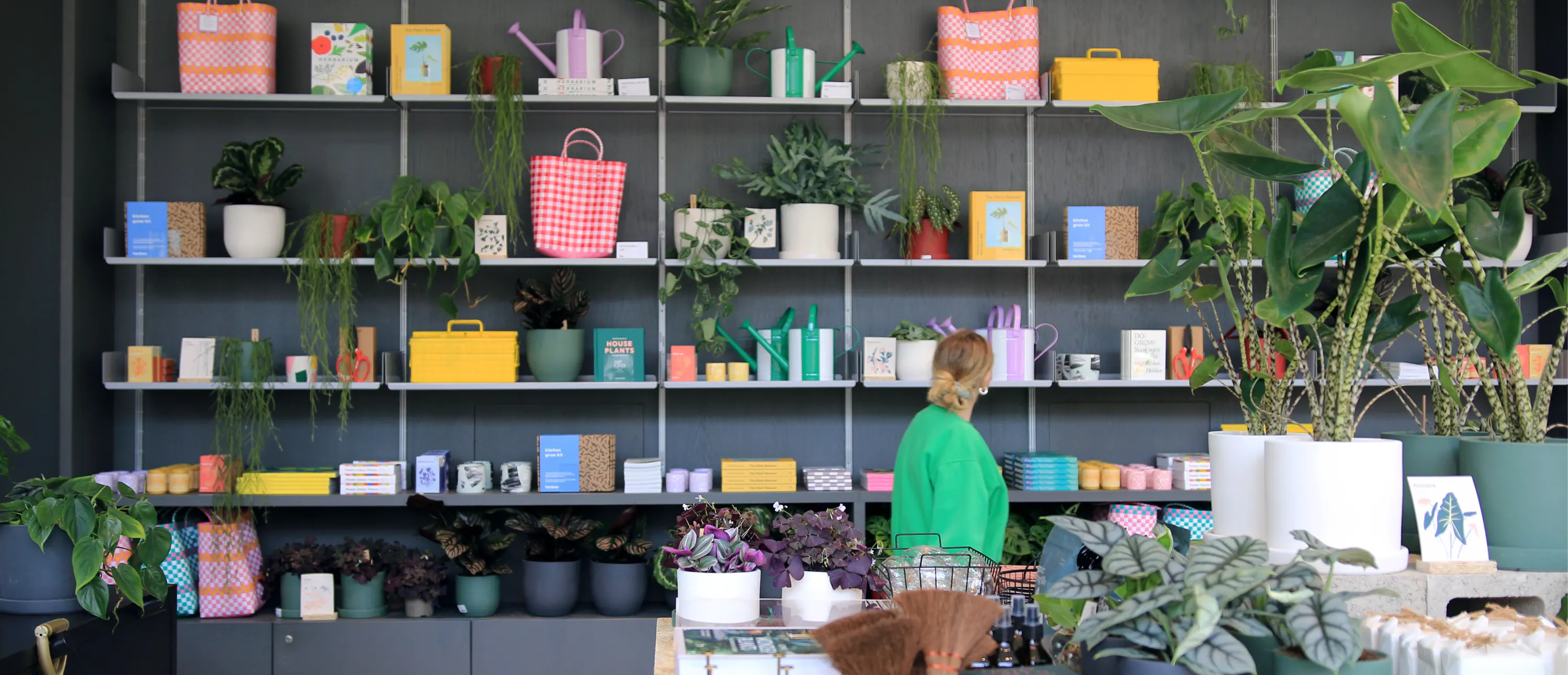 Woman looking at products on tall shelfs in the tDM shop