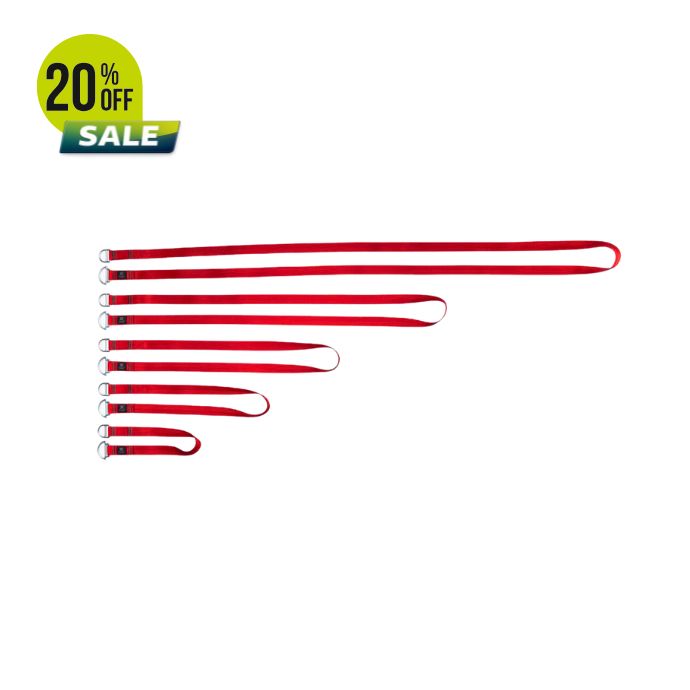 Red straps of varying lengths with a sale banner.
