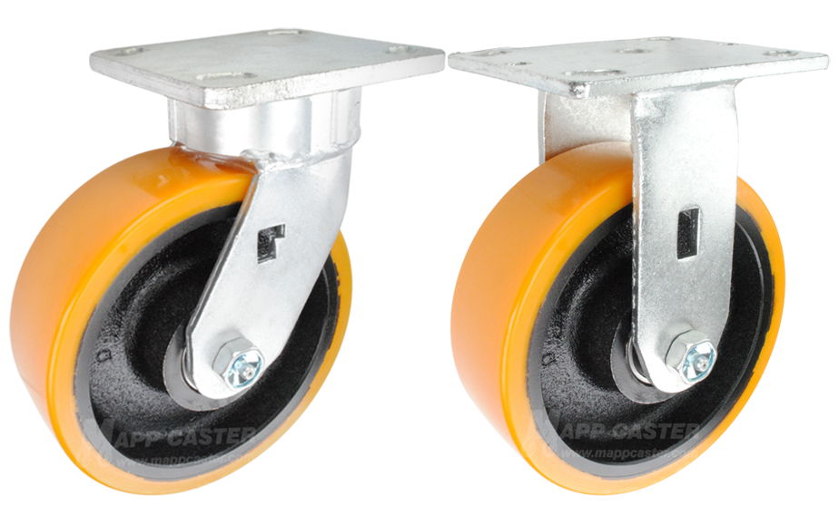 Orange & black polyurethane on iron swivel & rigid plate casters - Floor Protective, Non-marking, Smooth Rolling.