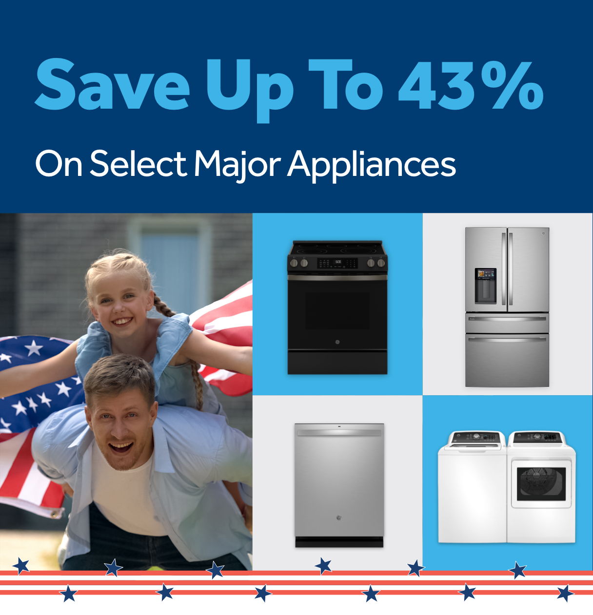 Save up to 43% on select major appliances with family enjoying outdoors.
