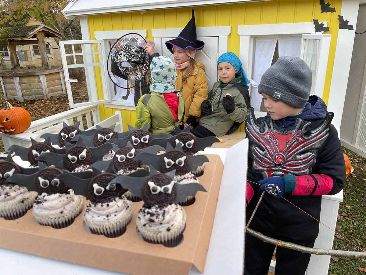 Kids in Halloween costumes on the terrace of Kids Outdoor Playhouse Sunshine with bat cupcakes by WholeWoodPlayhouses