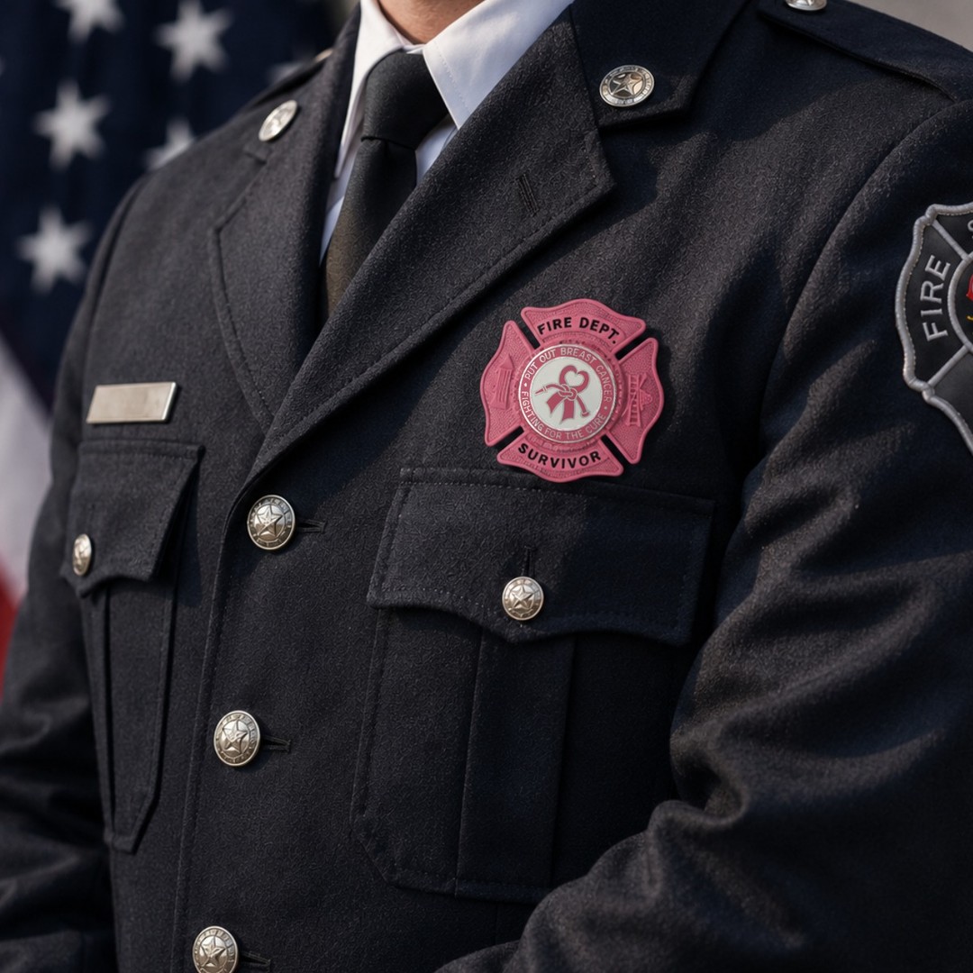 Firefighter in uniform with badge, standing in front of an American flag.